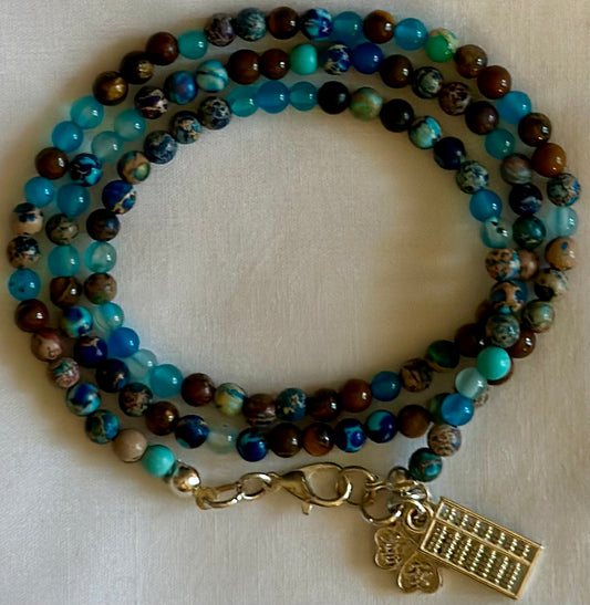 Tigers Eye & Blue Agate Bracelet Wrap with Silver Charms