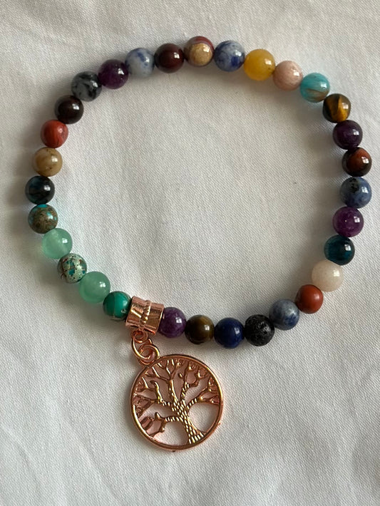 Chakra Healing Bracelet with Tree of Life Rose Gold Charm