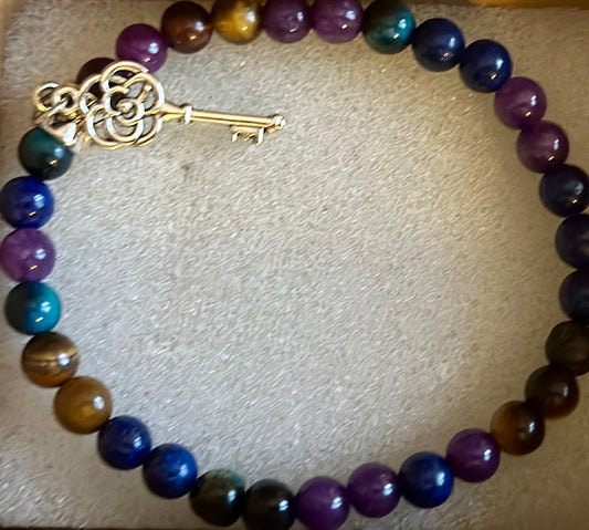 Malachite & Tigers Eye Gemstone Bracelet with Key Charm