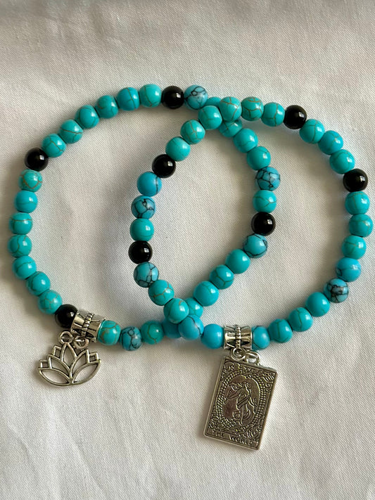 Turquoise & Black Obsidian Gemstone Bracelets Couple Set with Silver Charms